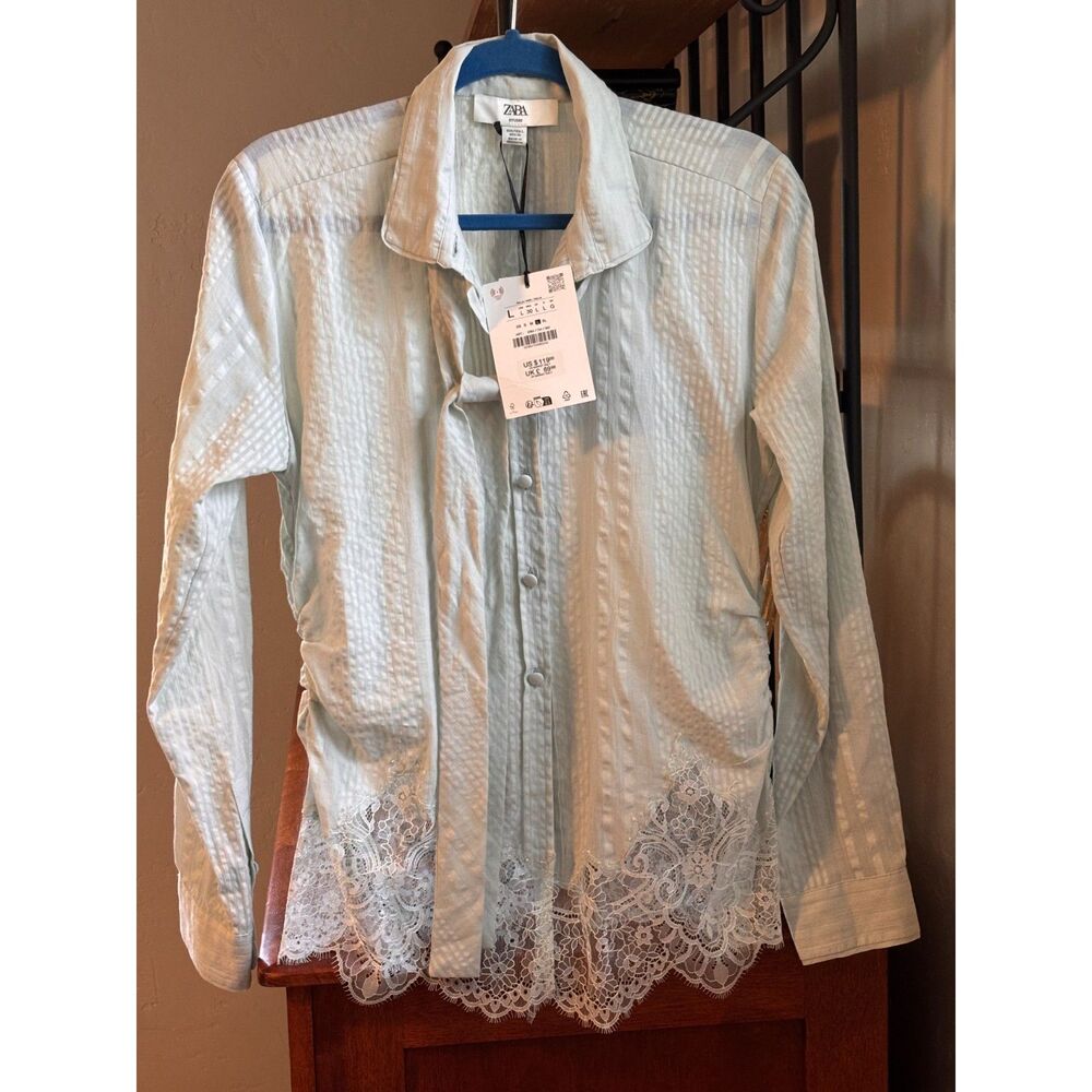 ZARA Limited Edition Sea Green Lace Tie Ruched Crinkle Shirt Sz L